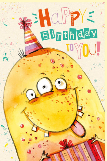 Geburtstagskarte für Kinder - Fröhliche Happy Birthday Doppelkarte aus Zuckerrohrpapier, Bunt und Lustig mit Partyhut & Konfetti Motiv, Niedlich für Jungen & Mädchen Kindergeburtstag Feier - Gelb