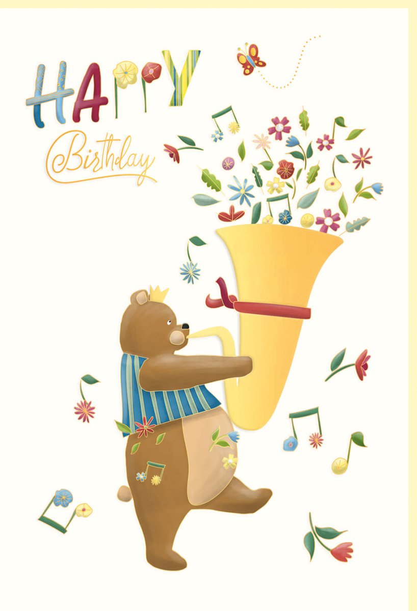 Geburtstagskarte für Kinder - Fröhlicher Bär mit Tuba, Blumen & Goldfolie, Musikalische Glückwunschkarte auf Naturkarton mit Blindprägung, Tiermotiv für Jungen & Mädchen, Bunt & Gelb - Kindergeburtstag