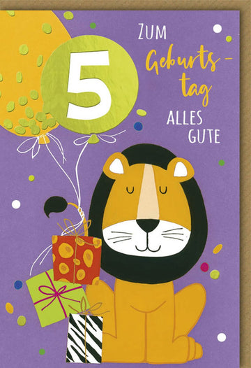 Geburtstagskarte für Kinder - Fröhlicher Löwe mit Ballons & Geschenken, Zahl 5 - Bunte Glückwunsch Doppelkarte, Feier & Jubiläum Illustration, Hochwertige Papeterie Grußkarte im Cartoon - Stil