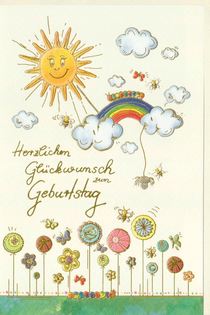 Geburtstagskarte für Kinder: Handgezeichnete Glückwunschkarte mit Sonne, Regenbogen & Blumen - Bunte Illustration, Fröhliche Grußkarte zur Gratulation