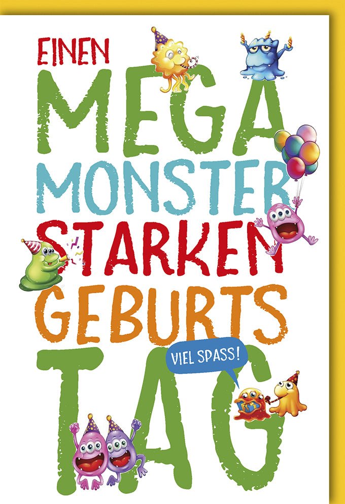 Geburtstagskarte für Kinder: Lustige Monster Party Einladung & Grußkarte, Bunte Cartoon Kreaturen, Spaßige Glückwunschkarte für Jungen & Mädchen