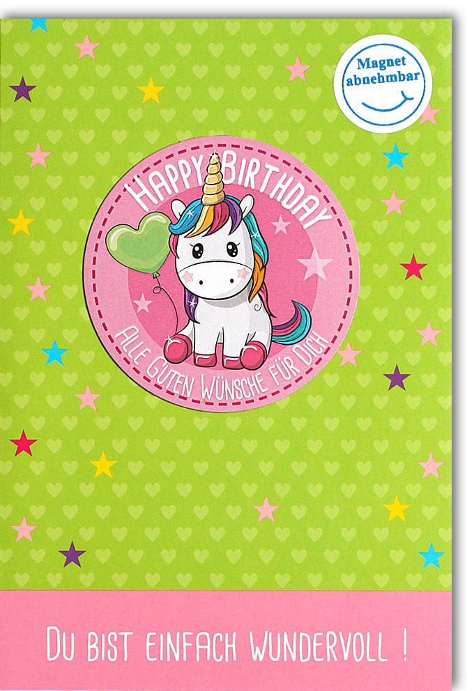 Geburtstagskarte für Kinder - Magisches Einhorn Motiv mit Glitzernden Sternen, Bunte Glückwunschkarte, Abnehmbarer Magnet, Mädchenhaft & Fröhlich, Perfekt für Feier & Party - Doppelkarte mit Umschlag