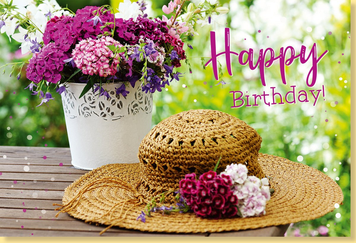 Geburtstagskarte für Kinder mit Blumenstrauß Strohhut und Schriftzug Happy Birthday farbenfrohe Gestaltung ideal für Mädchen Jungen und Kindergeburtstage mit Umschlag