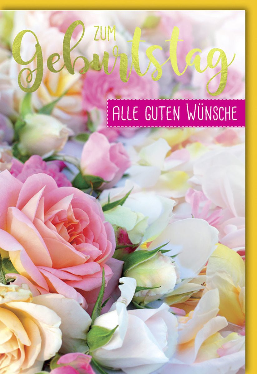 Geburtstagskarte für Kinder mit bunten Blumen und Schriftzug Zum Geburtstag Alle Guten Wünsche farbenfrohe Blumencollage ideal für Kindergeburtstag mit Umschlag