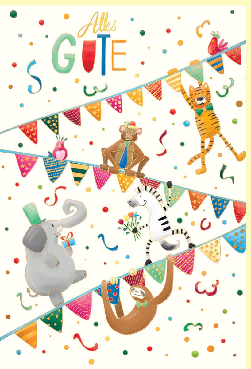 Geburtstagskarte für Kinder mit Tiermotiven und Wimpelkette - Naturkarton mit Goldfolie und Blindprägung, Bunte Glückwunschkarte mit Elefant, Zebra, Affe, Tiger, Luftballons & Konfetti, Fröhliche Party - Feier - Karte in Hellen Farben