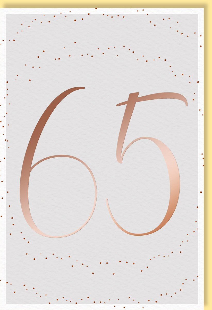 Geburtstagskarte für Kinder mit Zahl 65 in Goldfarben und Punktmuster auf weißem Hintergrund stilvolle Karte für besondere Anlässe mit Umschlag