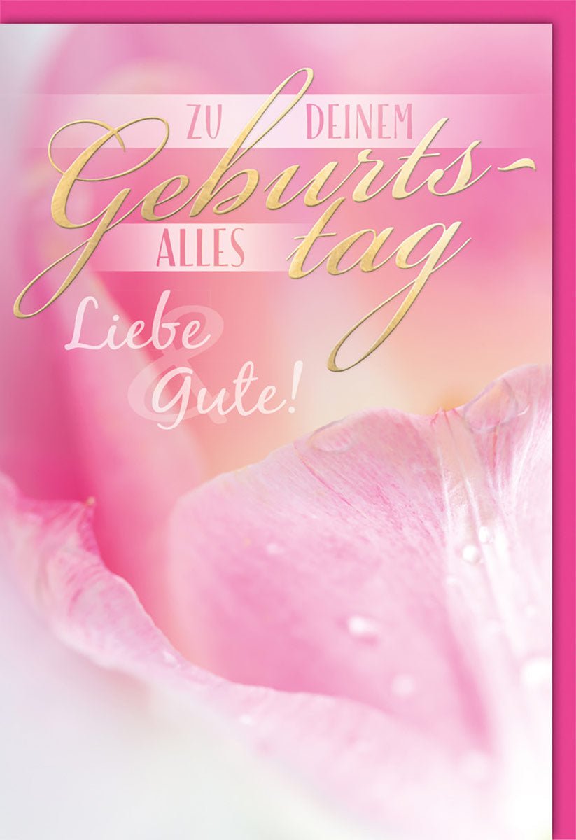 Geburtstagskarte für Kinder mit zartem Blumenmotiv und goldener Schrift zu deinem Geburtstag alles Liebe und Gute rosa Hintergrund mit Umschlag