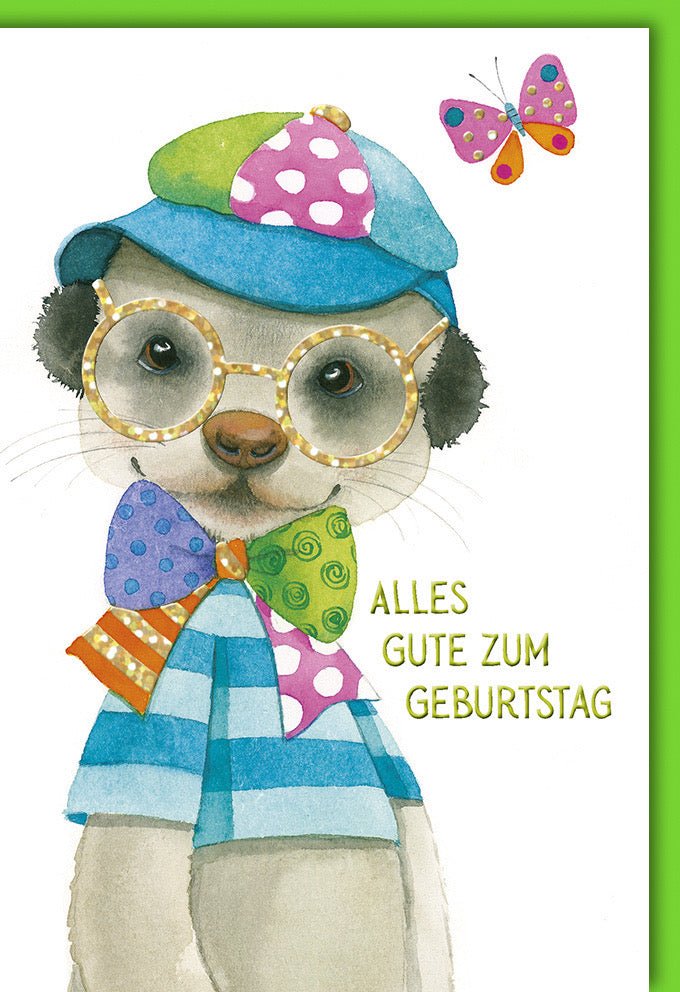 Geburtstagskarte für Kinder - Niedliche Hund & Schmetterling Illustration, Bunte Glückwunschkarte mit Hut und Brille