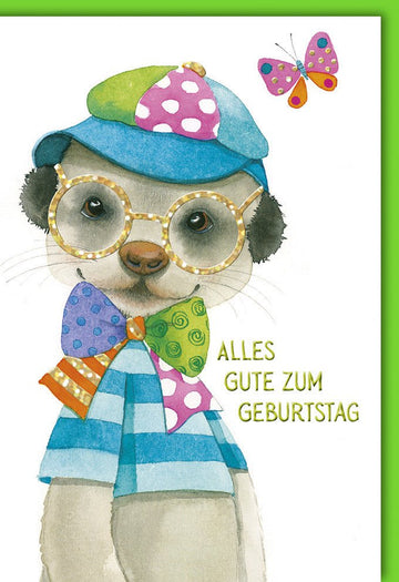 Geburtstagskarte für Kinder - Niedliche Hund & Schmetterling Illustration, Bunte Glückwunschkarte mit Hut und Brille