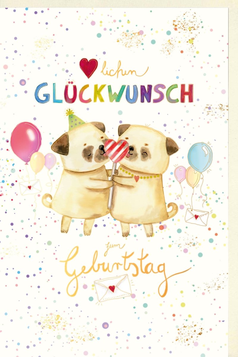 Geburtstagskarte für Kinder: Niedliche Hunde & Bunte Ballons - Herzliche Glückwunsch Doppelkarte mit Spaß - Feier - Motiv