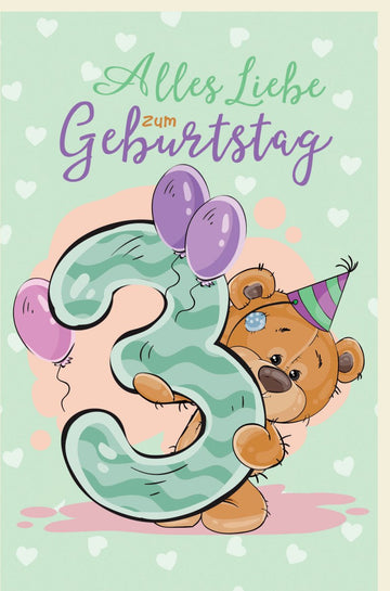 Geburtstagskarte für Kinder - Niedliche Teddybär & Ballons Illustration mit Herzchen und Partyhut, Bunte Glückwunschkarte zum Kindergeburtstag, Feierliche Gratulations - Doppelkarte mit Geburtstagsgruß