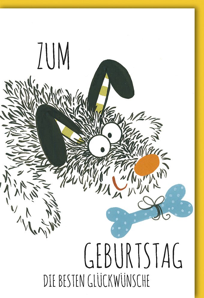 Geburtstagskarte für Kinder: Niedlicher Hund mit Knochen - Bunte Cartoon - Illustration, Spaßige Glückwunsch - Doppelkarte zur Party