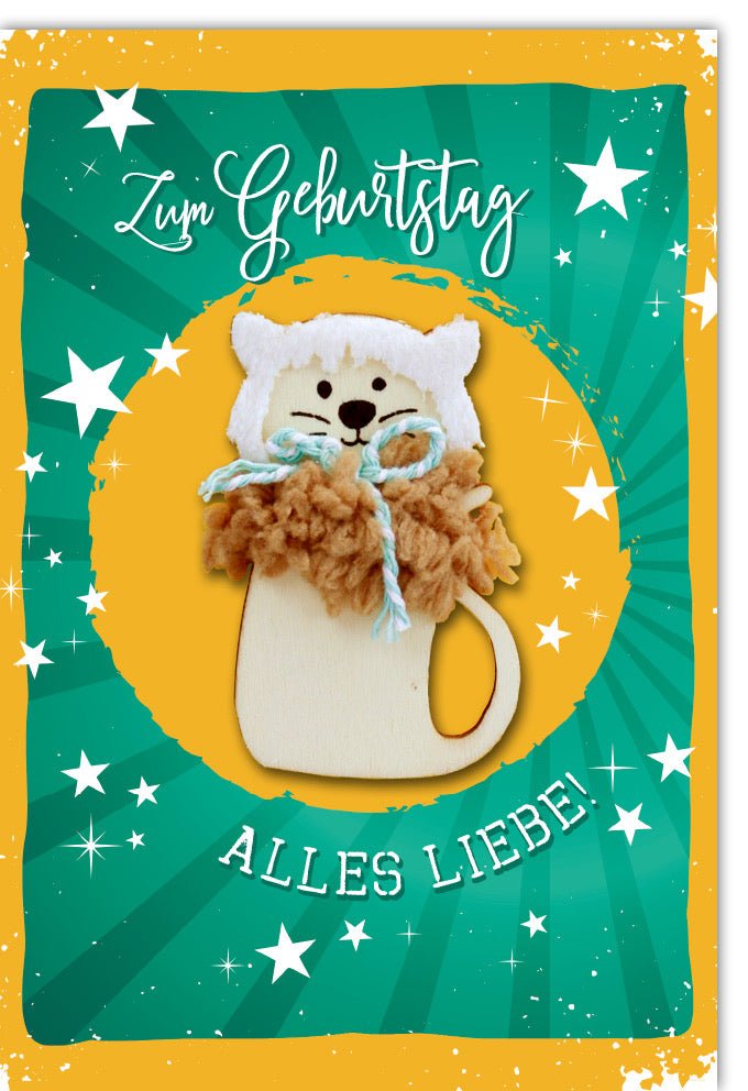 Geburtstagskarte für Kinder - Niedlicher Löwe mit Sternen & Konfetti in Grün/Gelb - Tiermotiv Glückwunschkarte