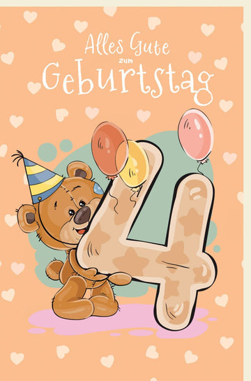 Geburtstagskarte für Kinder - Niedlicher Teddybär mit Ballons & Zahl 4 - Bunte Glückwunschkarte mit Herzchen, Perfekt für die Vierjährigen - Party - Fröhliche Gratulations - Doppelkarte Dekoration