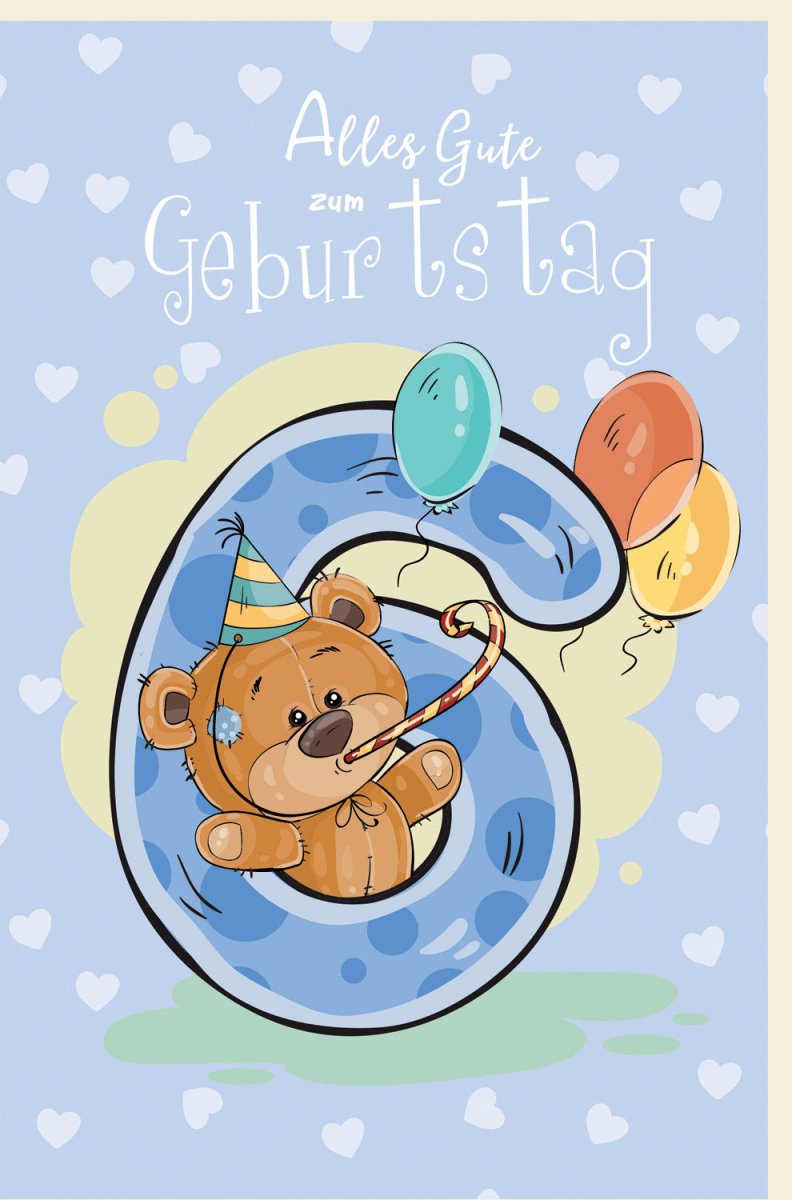 Geburtstagskarte für Kinder - Niedlicher Teddybär mit Luftballons, Herzchen & Bunter Illustration, Glückwunschkarte zur Feier