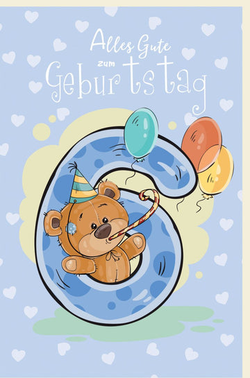 Geburtstagskarte für Kinder - Niedlicher Teddybär mit Luftballons, Herzchen & Bunter Illustration, Glückwunschkarte zur Feier