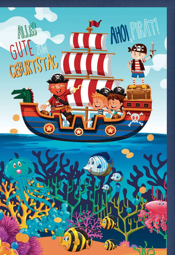 Geburtstagskarte für Kinder - Piraten Abenteuer mit Schatzkarte, Bunte Meerestiere & Schiff Illustration, Niedliche Glückwünsche