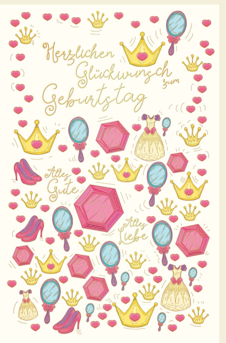 Geburtstagskarte für Kinder: Prinzessin mit Krone & Zauberstab, Glitzernde Herzen, Rosa Gold Deko, Einladung zur Feier - Doppelkarte Set