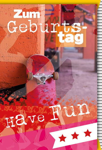 Geburtstagskarte für Kinder - Skateboard Fun Design mit Bunten Sternen - Coole Glückwunschkarte für Jungen und Mädchen, Trendige Gratulationskarte für Party und Outdoor Sport Fans, Doppelkarte Set