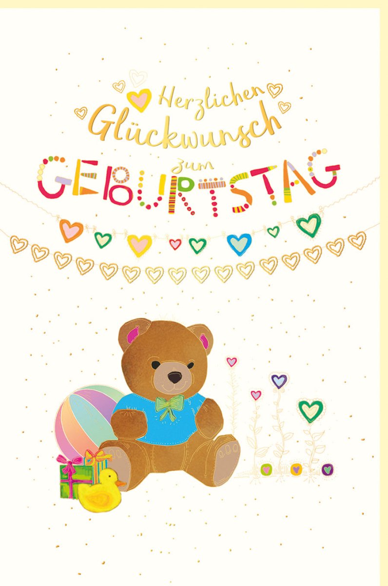 Geburtstagskarte für Kinder: Teddybär Motiv auf Naturkarton mit Goldfolie & Blindprägung, Bunte Herzchen & Ballon Design, Glückwunschkarte in Gold - Ideal für Kinder und Eltern