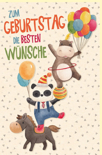 Geburtstagskarte für Kinder - Umweltfreundliche Doppelkarte mit fröhlichem Tier - Pyramiden - Motiv, Handgemalte Illustration, Bunte Ballons & Glückwünsche auf Zuckerrohrpapier, Orange Design, Ideal für Kindergeburtstag & Party - Einladungen