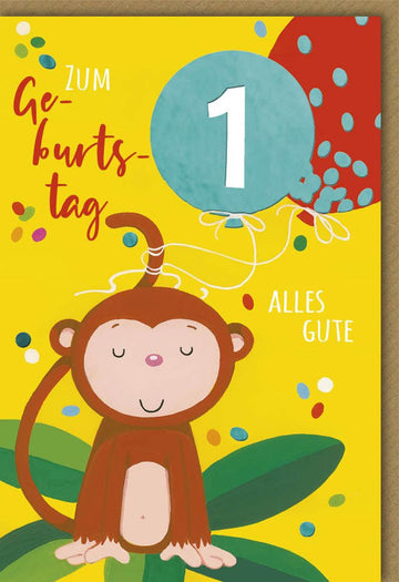Geburtstagskarte für Kinder zum 1. Geburtstag - Fröhlicher Affe mit Ballon, Bunte Glückwunsch Doppelkarte, Einladung zur Erstgeburtstagsparty, Junge & Mädchen, Grün & Gelb, Niedliche Zeichentrick Illustration, Spaßige Kinderparty Karte für Einjährige