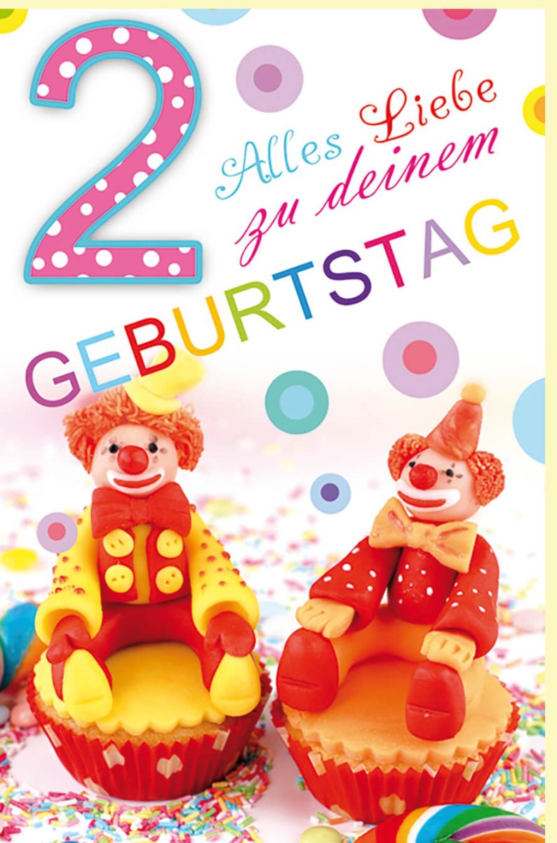 Geburtstagskarte für Kindergeburtstag - 2. Geburtstag Glückwunschkarte mit Bunten Zahlen, Clown & Muffins Motiv - Fröhliche Feier Dekoration & Spaß Doppelkarte