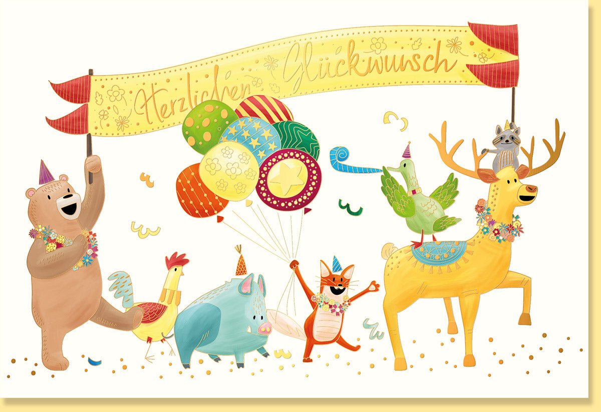 Geburtstagskarte für Kindergeburtstag - Bunte Tiermotive, Lustige Zoo & Safari Dschungel Illustration, Fröhliche Einladungskarte für Jungen & Mädchen, Gelbe Grußkarte mit Cartoonzeichnung, Happy Birthday Gratulation, Verspielte Party Feierlichkeit Karte