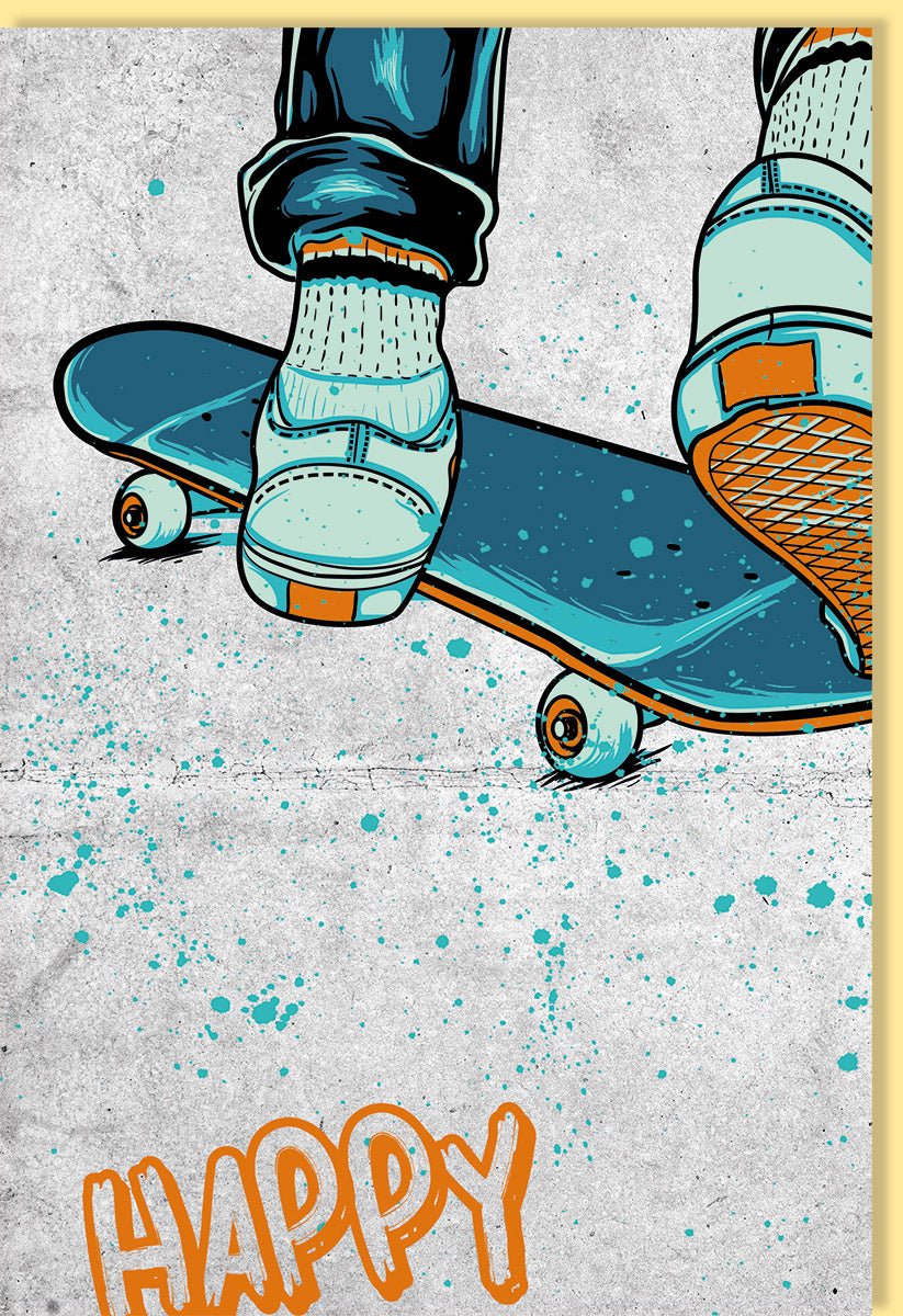 Geburtstagskarte für Kindergeburtstag - Coole Skateboard - Design Grußkarte für Jungen, Happy Birthday Glückwunsch, Party Einladung, Jugendliche Sport Trend, Blau Orange Illustration, Moderner Spaß & Freude Celebration, Skateboarding Fun