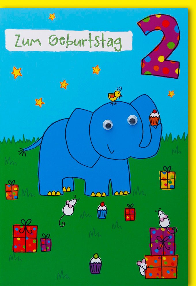Geburtstagskarte für Kindergeburtstag - Fröhliche Elefant 2 Jahre Glückwunschkarte, Bunte Tiere & Muffins, Zweiter Geburtstag Jungen & Mädchen, Farbenfrohe Doppelkarte mit Geburtstagsgruß & Gratulation