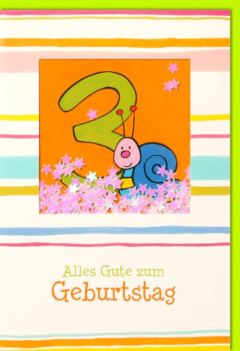 Geburtstagskarte für Kindergeburtstag - Fröhliche Zweijährige Feier - Farbenfrohe Glückwunschkarte mit Schnecke, Zahl Zwei & Sternen - Perfekte Gratulationskarte zum 2. Geburtstag