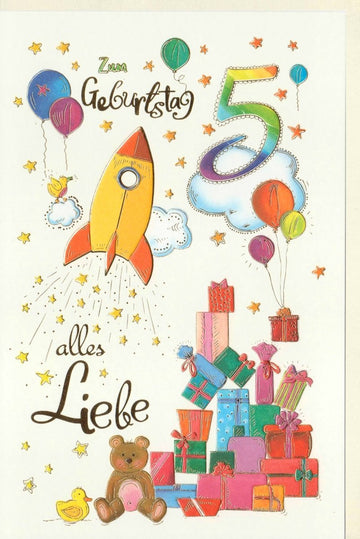 Geburtstagskarte für Kindergeburtstag - Glitzer Rakete & Ballons Design, Zahl 5, Bunte Glückwunschkarte mit Party - Motiv