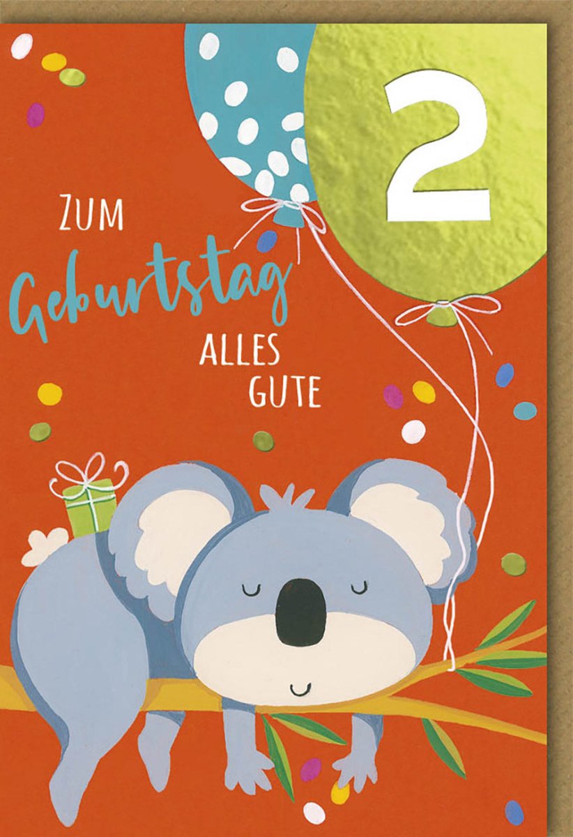 Geburtstagskarte für Kindergeburtstag - Koala mit Ballons, Bunte Zahlen & Glückwünsche, Illustration von Galerie Dominique