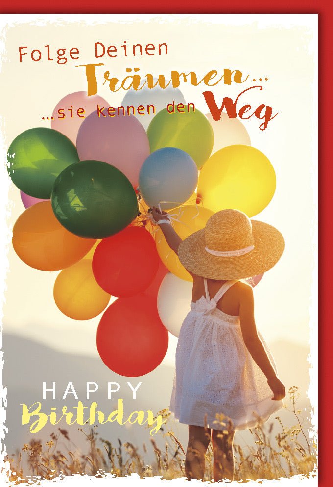 Geburtstagskarte für Mädchen - Bunter Sonnenhut & Luftballons, Glückwunsch Spruch, Happy Birthday Karte für Kindergeburtstag & Feier