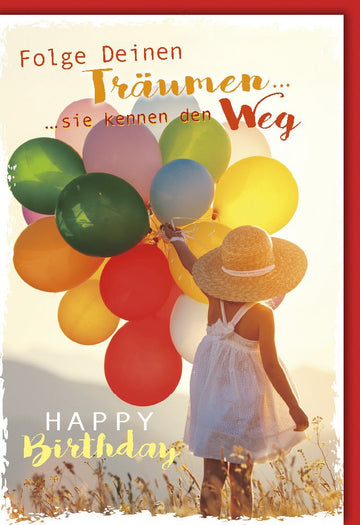 Geburtstagskarte für Mädchen - Bunter Sonnenhut & Luftballons, Glückwunsch Spruch, Happy Birthday Karte für Kindergeburtstag & Feier