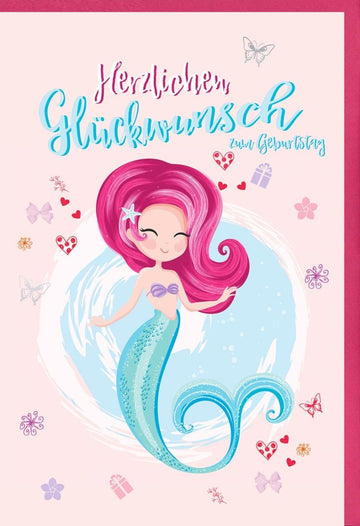 Geburtstagskarte für Mädchen - Meerjungfrau & Meerestiere Motiv, Rosa Glückwunschkarte mit Schmetterlingen, Fantasy Doppelkarte