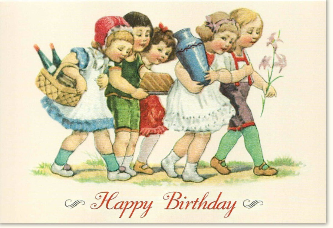 Geburtstagskarte für Mädchen - Retro Happy Birthday Doppelkarte, Nostalgische Vintage Grußkarte mit Altmodischer Illustration, Kinder Geburtstagsglückwünsche, Feierlichkeit Karte mit Mädchenmotiv