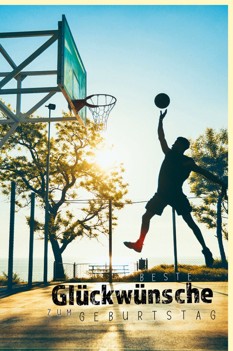 Geburtstagskarte für Männer - Basketball am Sonnenuntergang Motiv, Sportliche Glückwunschkarte mit Korbwurf, Ideal für Ballspiel - Fans & Outdoor - Aktivitäten, Orange - Blauer Himmel, Für Jugendliche & Erwachsene