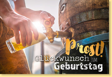 Geburtstagskarte für Männer - Lustige Bierglas & Fass Motiv Doppelkarte mit Zapfhahn, Goldfolie Veredelung - Witzige Glückwunschkarte zum Geburtstag, Party - Einladung für Herren, Geschenkkarte in Gelb