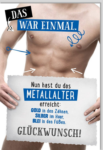 Geburtstagskarte für Männer - Lustige Doppelkarte mit Sixpack - Motiv, Spruch & Witz, Metallalter - Design in Gold & Silber, Humorvoller Scherz für Erwachsene, Blau
