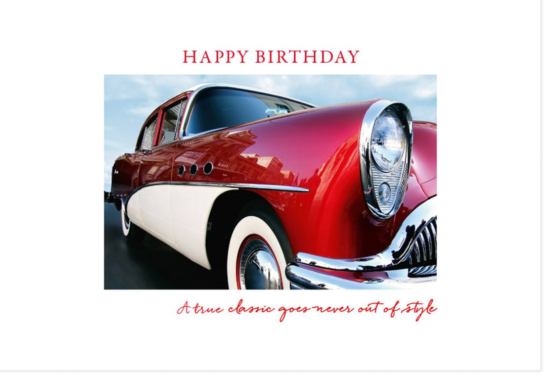 Geburtstagskarte für Männer - Vintage Auto Klassiker Design in Rot & Weiß, Elegante Retro Glückwunsch Doppelkarte, Stilvolle Gratulation & Feier, Edle Geburtstagsgrüße