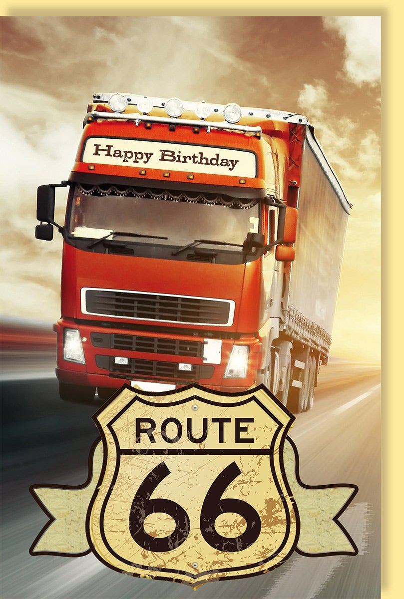 Geburtstagskarte für Männer - Vintage Truck auf Route 66, Happy Birthday LKW - Fernfahrer Karte, Amerika USA Straßenabenteuer Motiv, Retro Sonnenuntergang in Orange - Rot, Ideales Geschenk für Väter, Onkel & Kraftfahrer Freunde