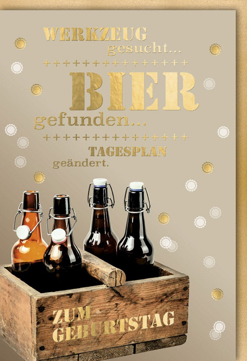 Geburtstagskarte für Männer - Witzige Doppelkarte mit Bier & Werkzeug Motiv, Humorvoller Tagesplan, Cheers Prost Glückwünsche