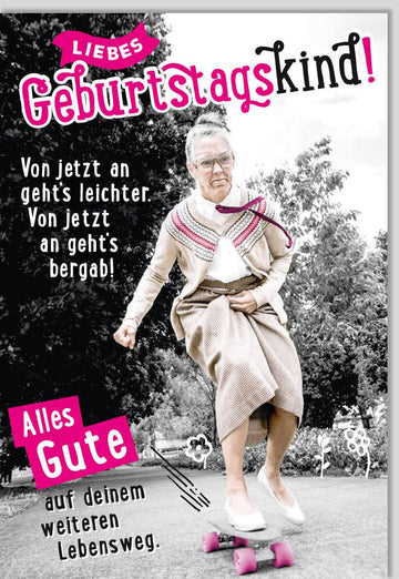 Geburtstagskarte für Oma - Lustige Skateboard - Omi Doppelkarte, Humorvolle Glückwünsche, Originelle Rosa Geburtstagsgrüße, Spaß & Freude für Seniorinnen, Perfektes Geschenk für Großmütter