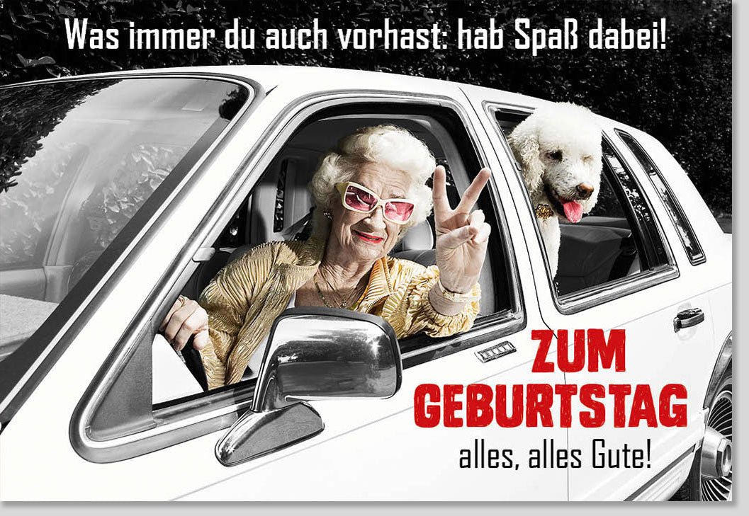 Geburtstagskarte für Oma - Lustiger Pudel im Auto, Retro Humor Doppelkarte mit Glückwunsch & Spaß