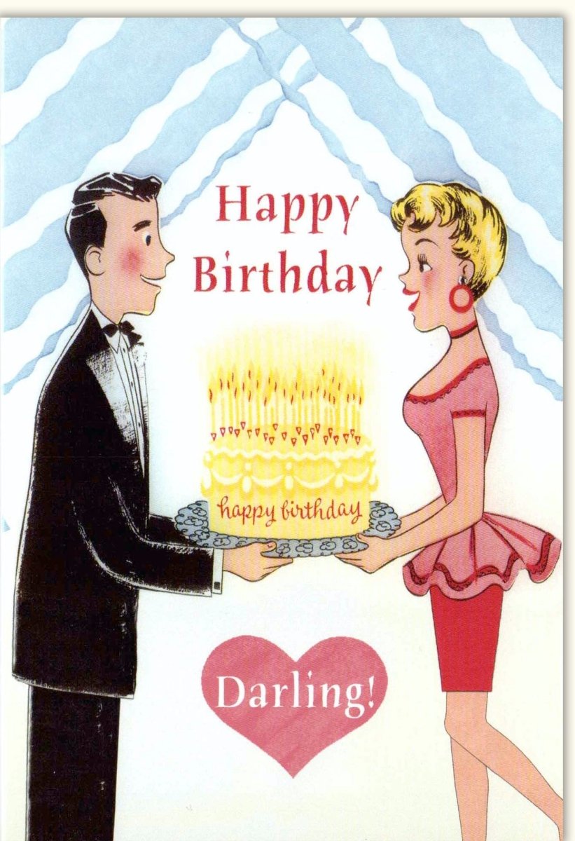 Geburtstagskarte für Partner - "Happy Birthday Darling" Romantische Vintage Retro Illustration, Liebevolle Cartoon Paar Karte mit Kuchen & Kerzen Motiv, Persönlicher Glückwunsch zur Feier der Beziehung