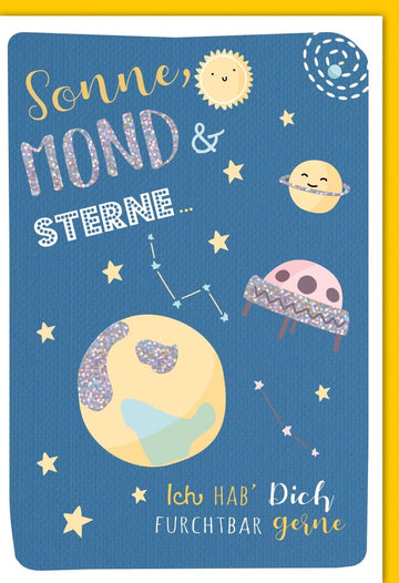 Geburtstagskarte für Partner: "Liebe unter Sonne, Mond & Sternen" - Glitzernde Illustration mit Herzen, Bubbles & Himmelsmotiven von Dominique Verlag