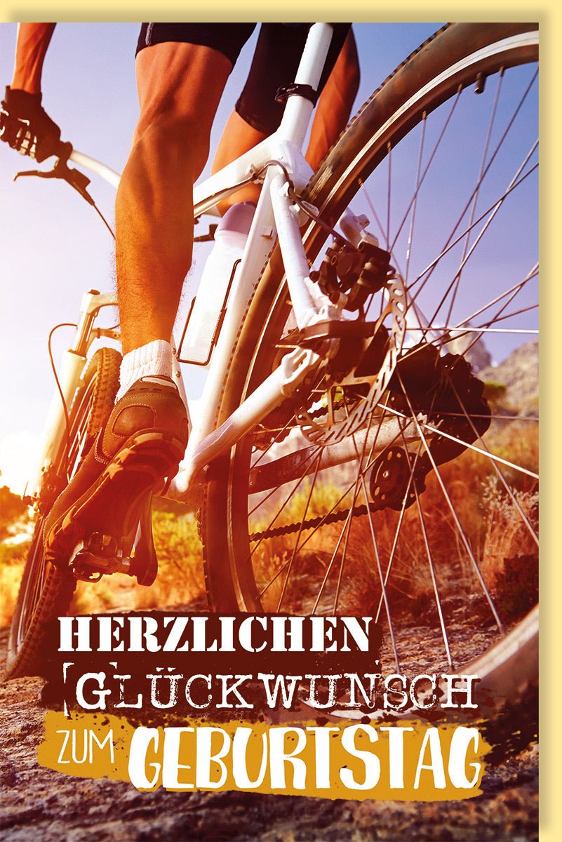 Geburtstagskarte für Radfahrer - Mountainbike Abenteuer im Sonnenuntergang, Sportliche Outdoor Gratulationskarte, Natur & Aktivität Motiv, Herzlichen Glückwunsch Karte für Männer und Frauen, Biker Radtour Erlebnis, Orange Gelb Design