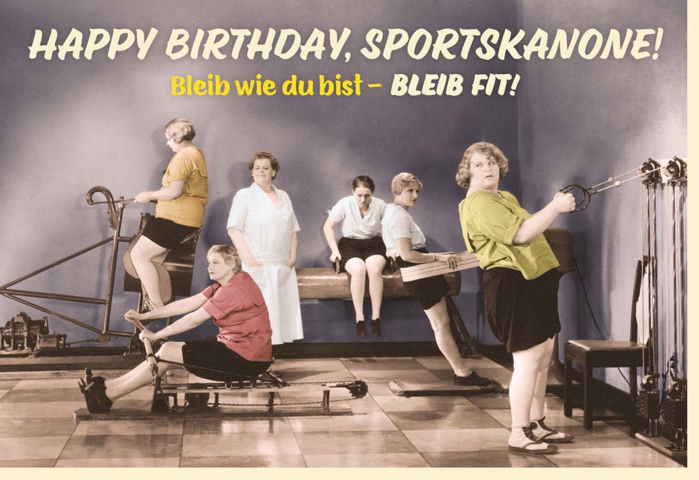 Geburtstagskarte für Sportskanonen: Lustige Retro Fitness - Humor Doppelkarte mit Witzigem Spruch, Vintage Turnen Design, Ideal für Gratulation & Feier - Spaßige Krafttraining Geburtstagsglückwünsche