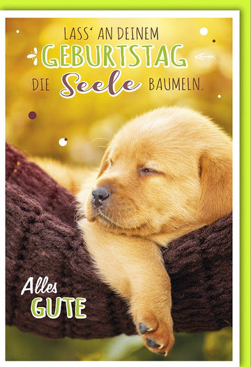 Geburtstagskarte für Tierfreunde: Entspannung & Natur mit Hund in Gelb, Handschriftlicher Text – Gemütliches Wohlfühl - Design